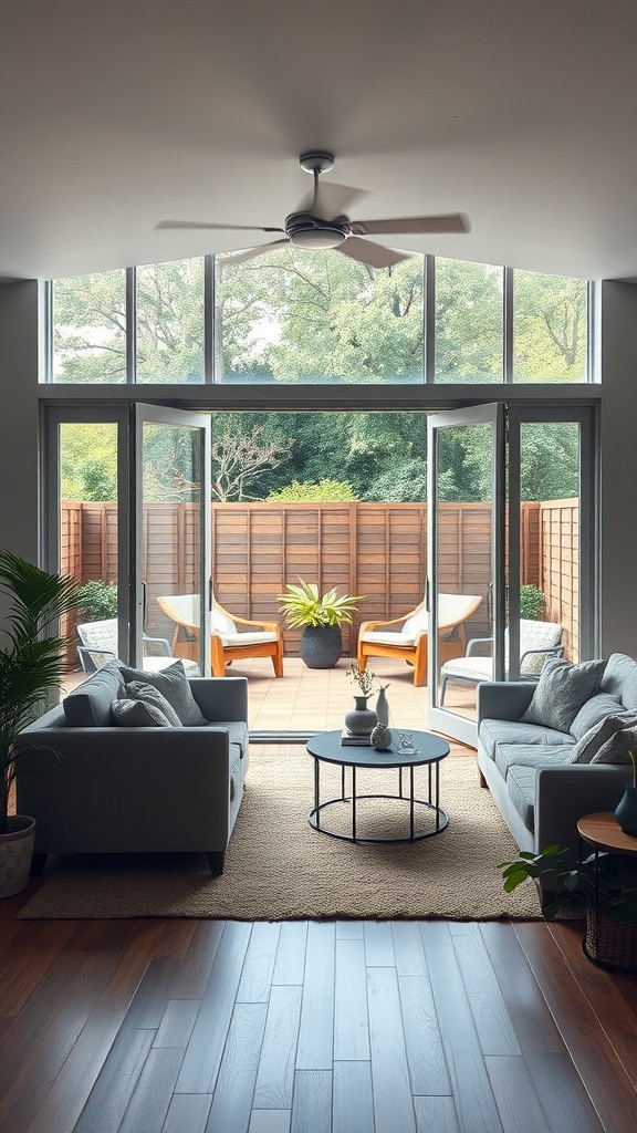 Cozy living room with large open doors leading to an outdoor patio with chairs