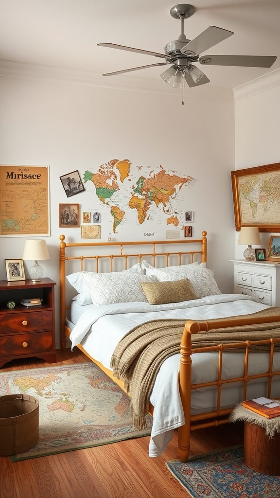 A cozy bedroom with travel-themed decor, featuring a world map on the wall and warm wooden furniture.