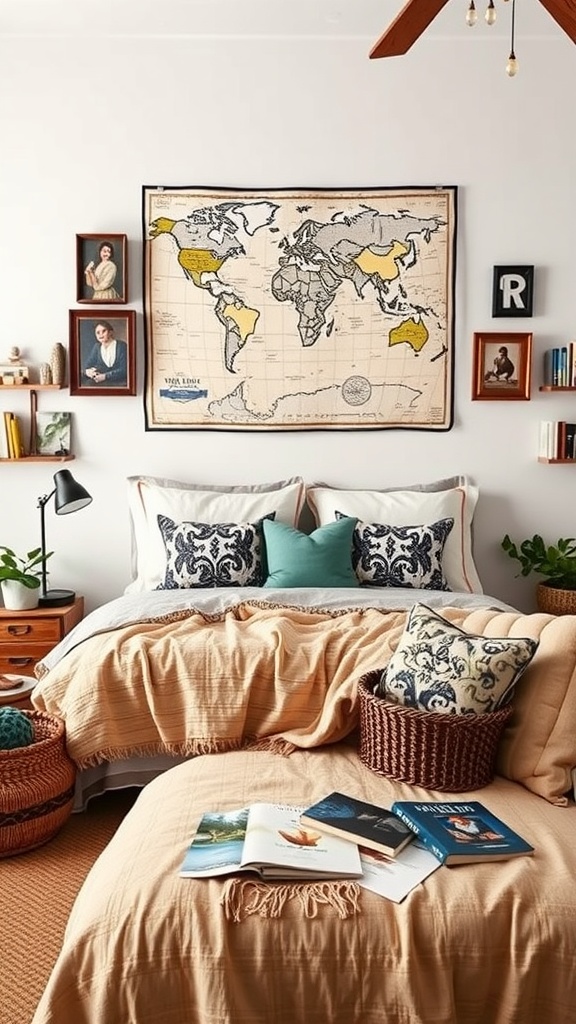 A cozy Boho style bedroom featuring a world map, patterned pillows, and stacked books.