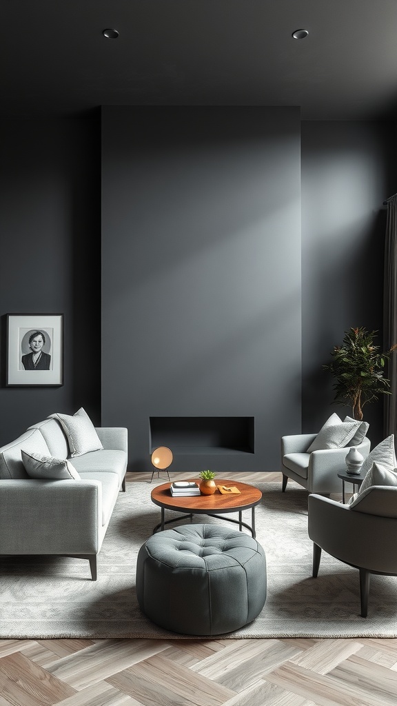A modern living room featuring charcoal gray walls, light gray sofas, a wooden coffee table, and a cozy atmosphere.