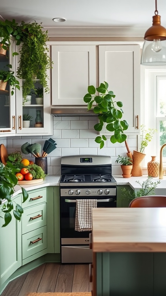 A kitchen featuring sage green lower cabinets and white upper cabinets, adorned with plants and fresh produce, creating a bright and inviting atmosphere.