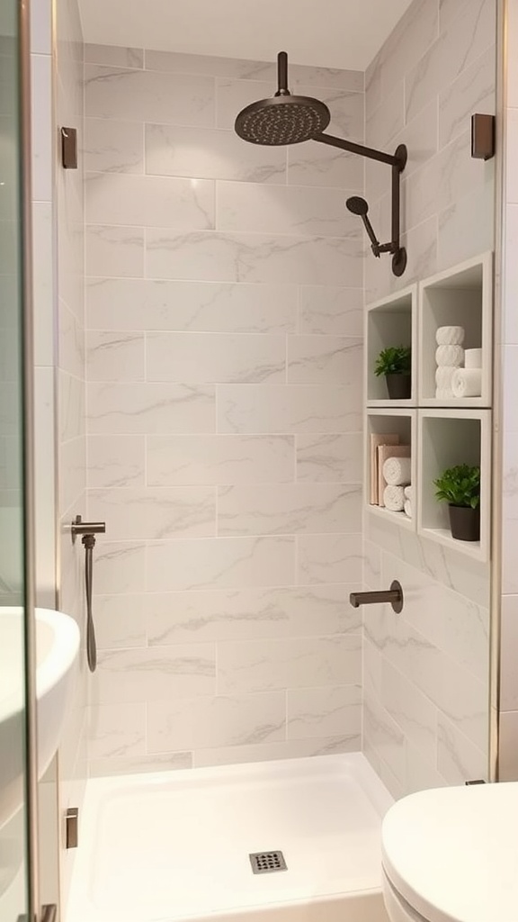 Trendy shower niche with white tiles and dark fixtures, storing towels and a plant.