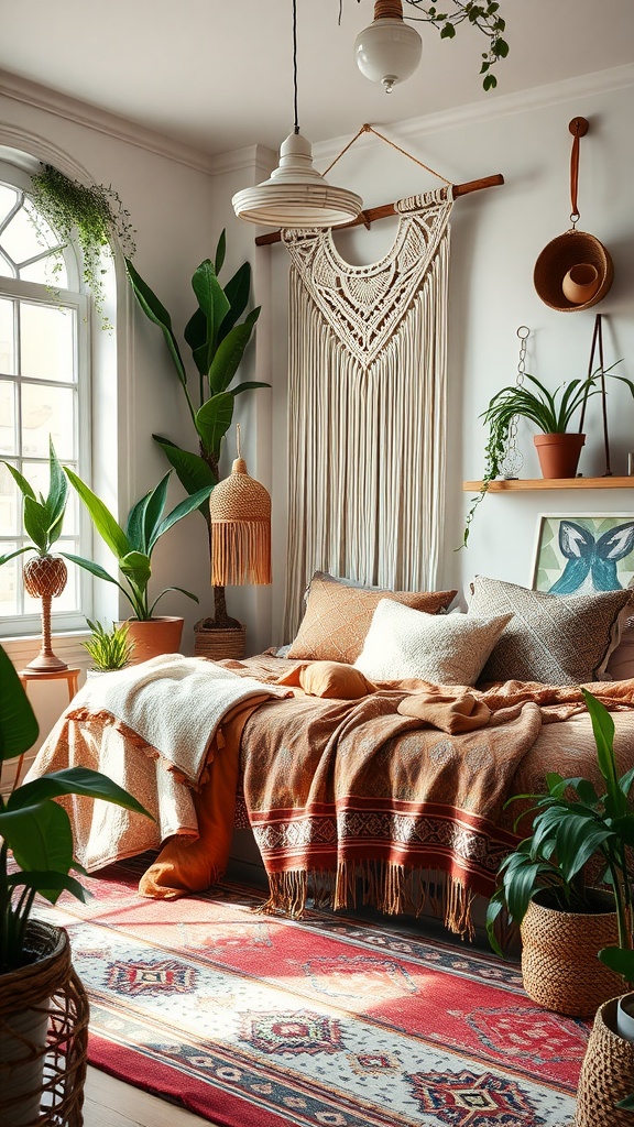 A cozy bedroom with a Tribal Boho design featuring earthy tones, plants, macramé wall art, and layered textiles.