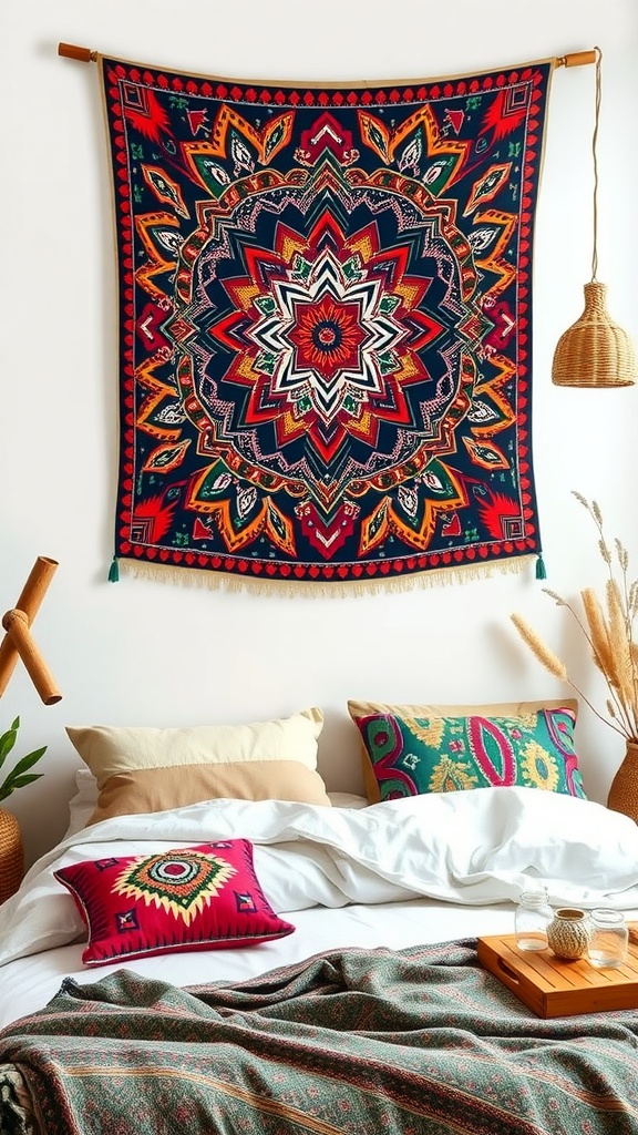 A vibrant tribal pattern tapestry hanging above a cozy bed, featuring colorful designs and decorative pillows.