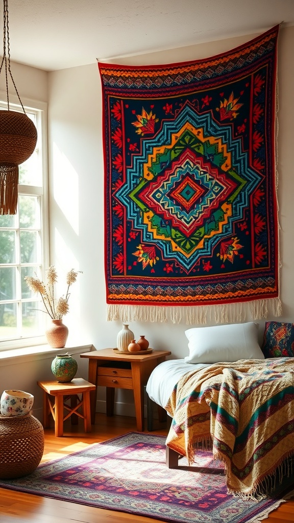 A vibrant tribal tapestry hangs on a wall in a cozy bedroom, featuring bold colors and geometric patterns.