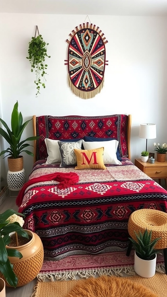 A boho style bedroom featuring a tribal tapestry above the bed, colorful bedding, plants, and woven decor.