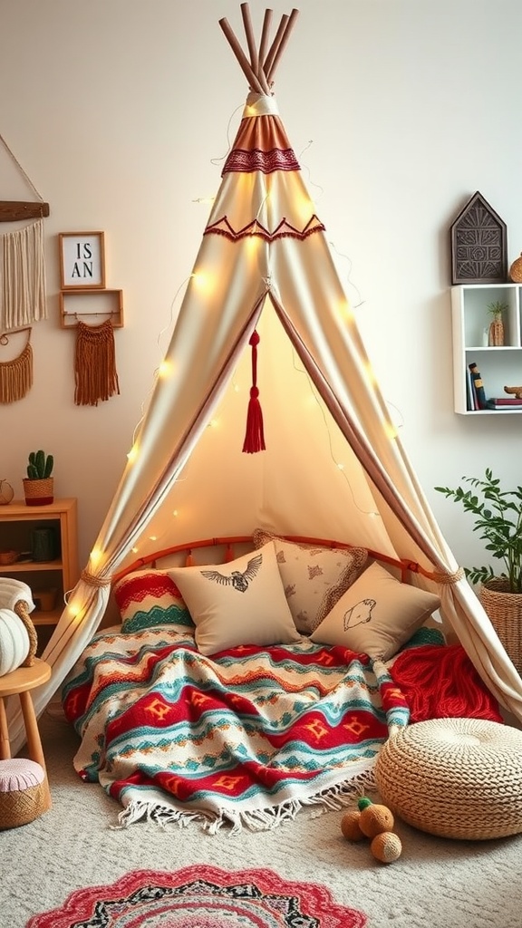 A cozy tribal teepee with colorful blankets and cushions, adorned with warm lights in a stylish kids' room.