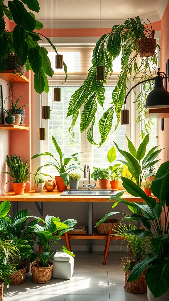 A bright kitchen nook with tropical plants, a wooden countertop, and pink walls.