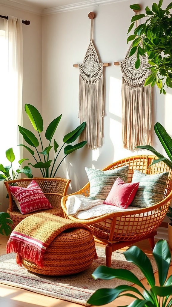 A cozy Tropical Boho Bedroom featuring rattan furniture, macramé wall hangings, colorful cushions, and lush indoor plants.