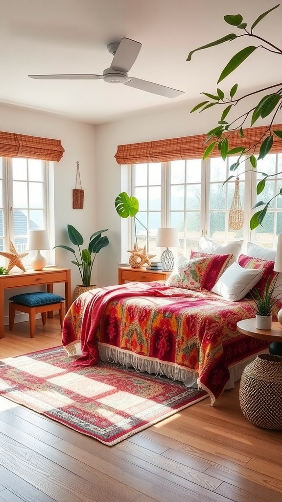 A bright and cozy bedroom featuring a colorful bedspread, wooden furniture, plants, and large windows.