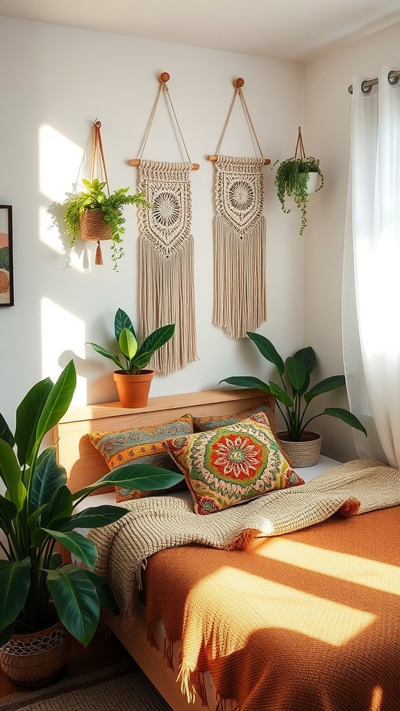 Cozy bedroom with warm tones, plants, and macramé wall hangings