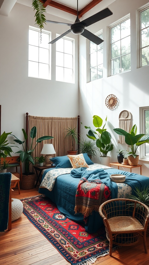 A cozy boho style bedroom with high ceilings, featuring large windows, plants, and colorful bedding.