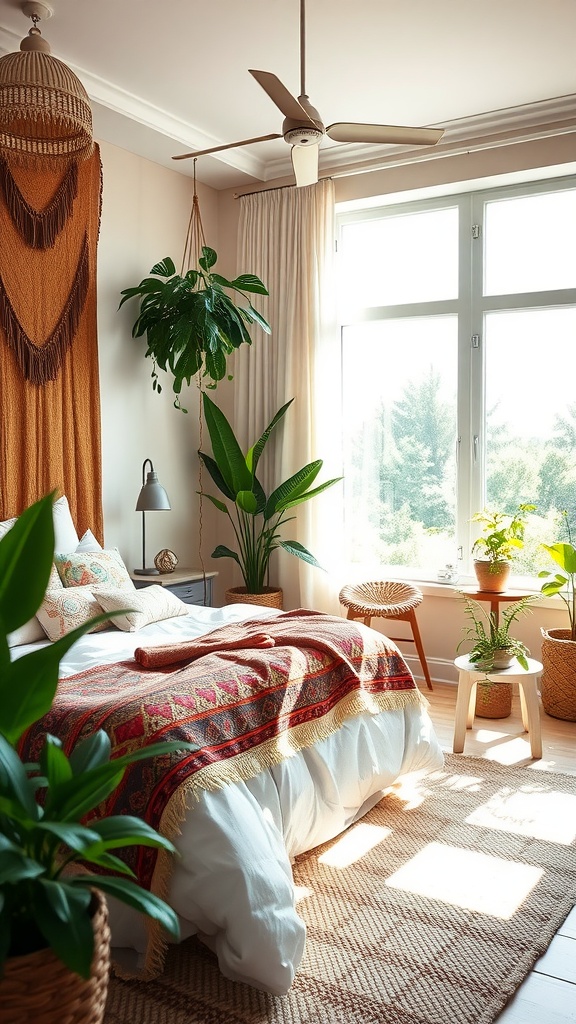 A beautifully designed bohemian bedroom with large windows, plants, and a cozy bed.