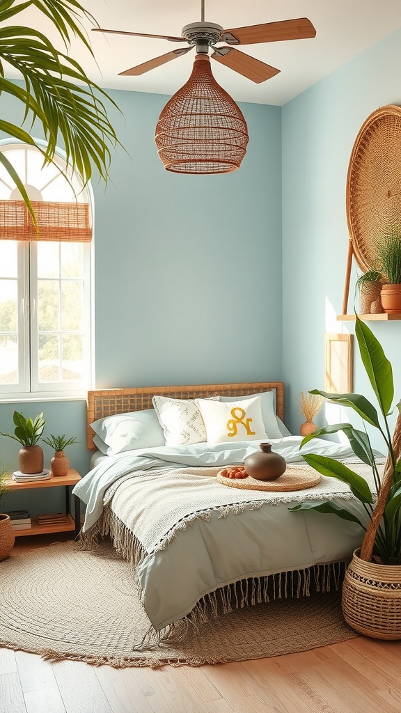 A boho bedroom featuring light blue walls, wooden furniture, plants, and cozy bedding.