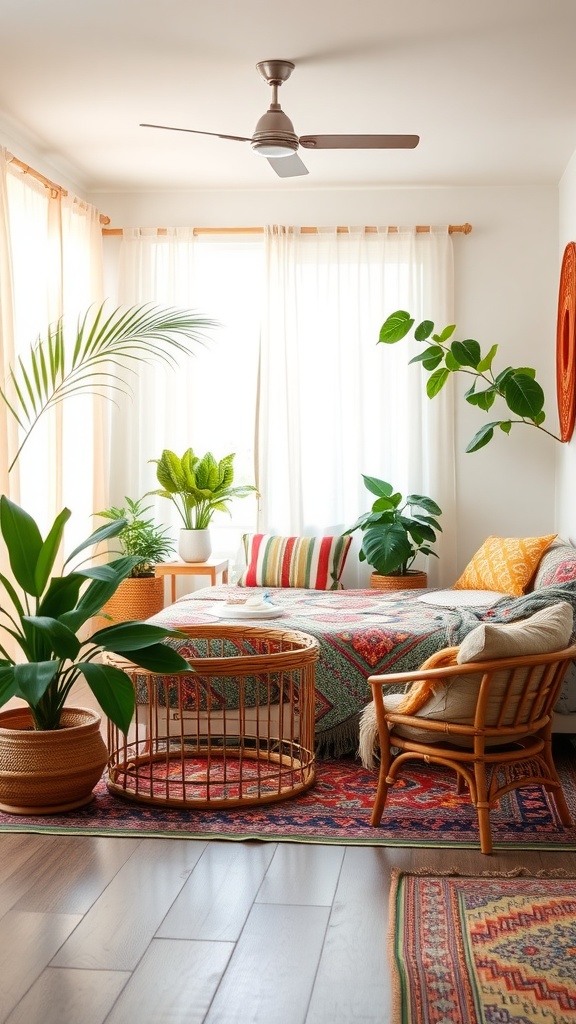 A cozy boho bedroom featuring plants, colorful textiles, and a rattan chair.