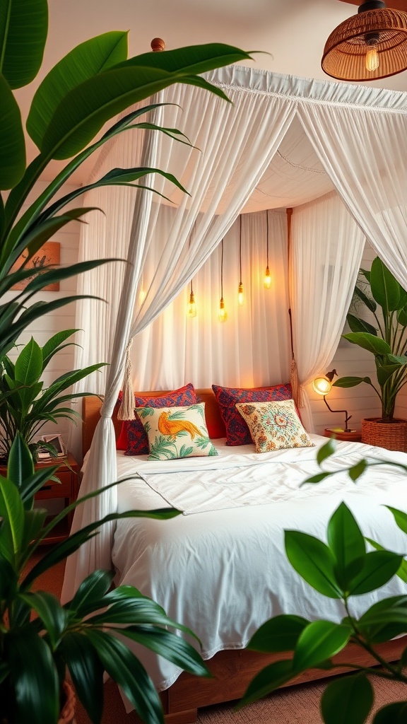 Cozy bedroom with a canopy bed, colorful cushions, and lush green plants