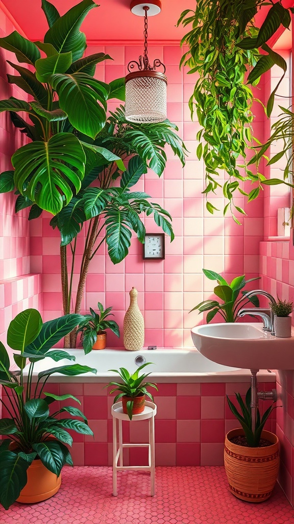 A vibrant bathroom with tropical plants, pink tiles, and a cozy atmosphere.