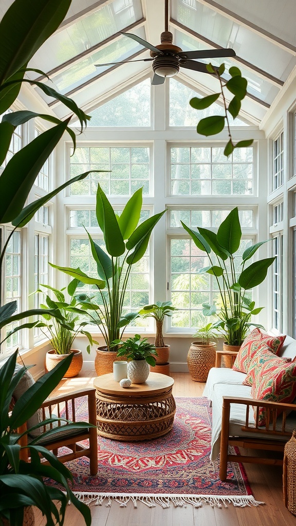 A bright and airy sunroom filled with large potted plants, a cozy seating area, and a wooden coffee table, designed in a boho style.