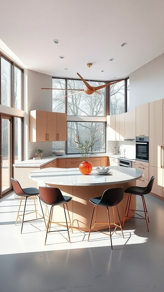 U-shaped kitchen peninsula with bar stools and large windows