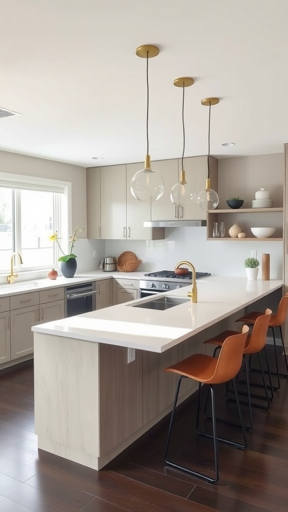Modern kitchen featuring an angled peninsula with sleek bar stools, elegant lighting, and a warm color palette.