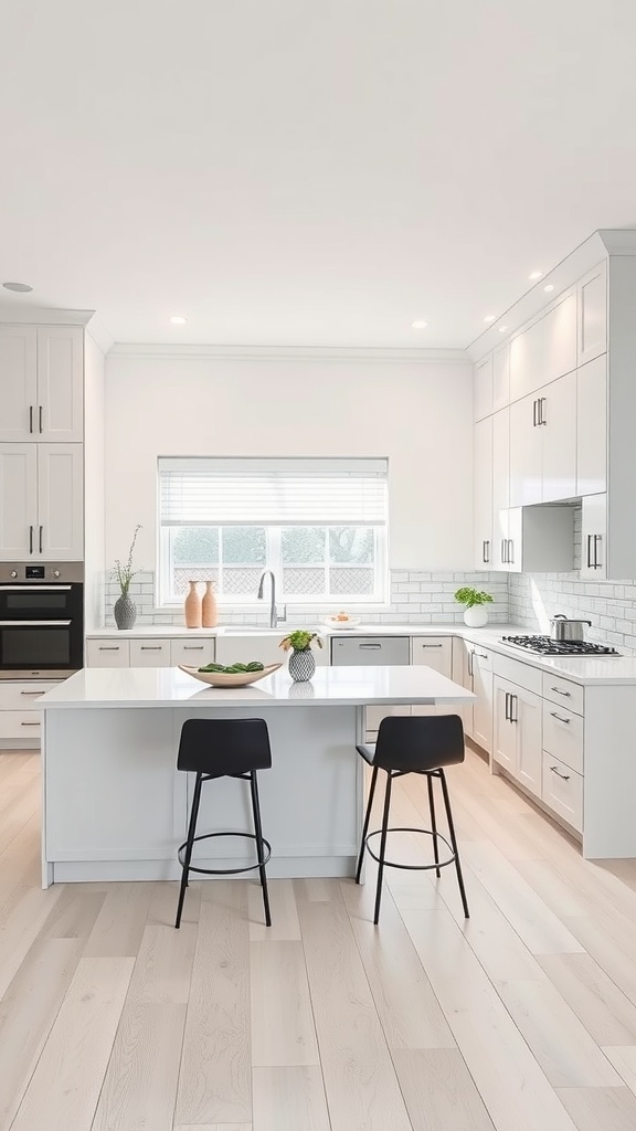 Modern kitchen with white L-shaped peninsula and black stools