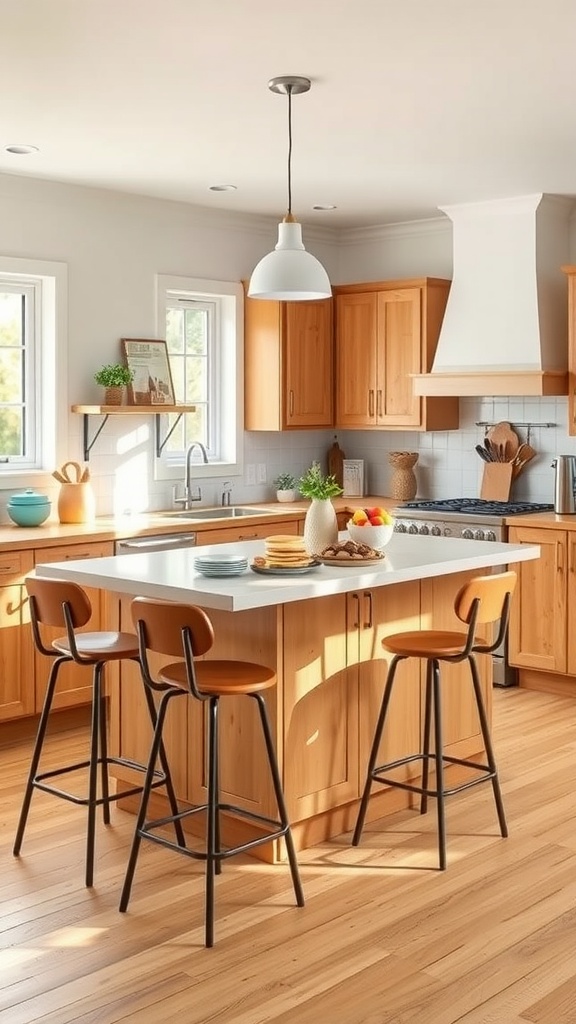 Cozy kitchen featuring a breakfast bar with wooden stools and a white countertop island.