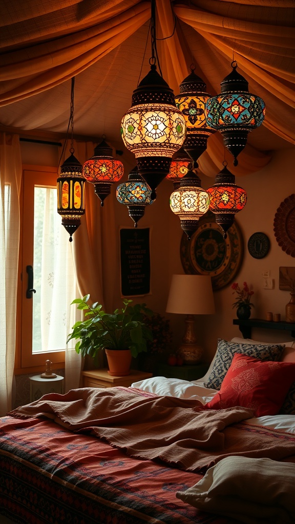 A cozy bedroom adorned with Turkish lanterns hanging from the ceiling, showcasing vibrant colors and intricate designs.