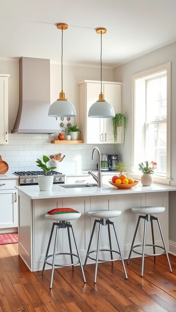A modern kitchen with a peninsula turned into a seating area, featuring bar stools and hanging light fixtures.