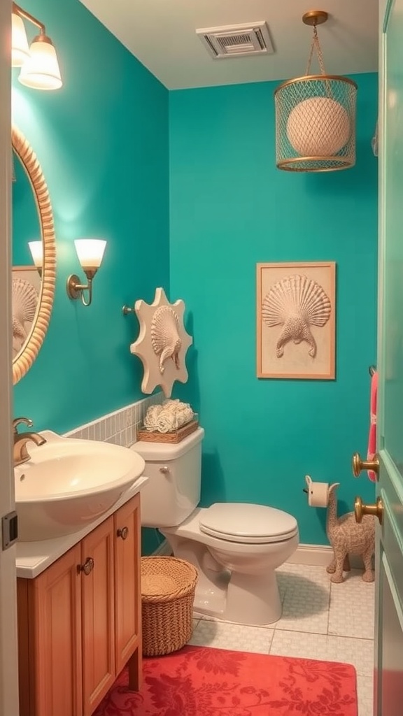 A bathroom with turquoise walls, coral accents, nautical decorations, and natural wood elements.