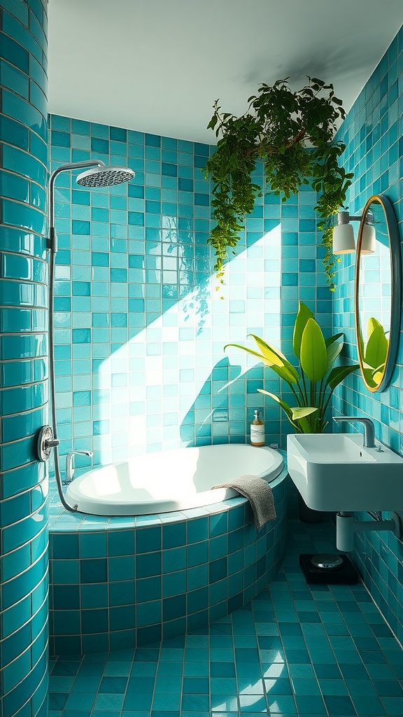 Bright turquoise bathroom with oval bathtub, modern sink, and hanging plants