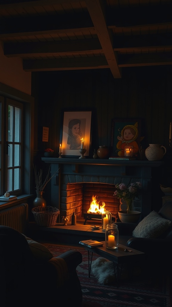 A cozy living room featuring a glowing fireplace, candles, and rustic decor in a dark cottagecore style.