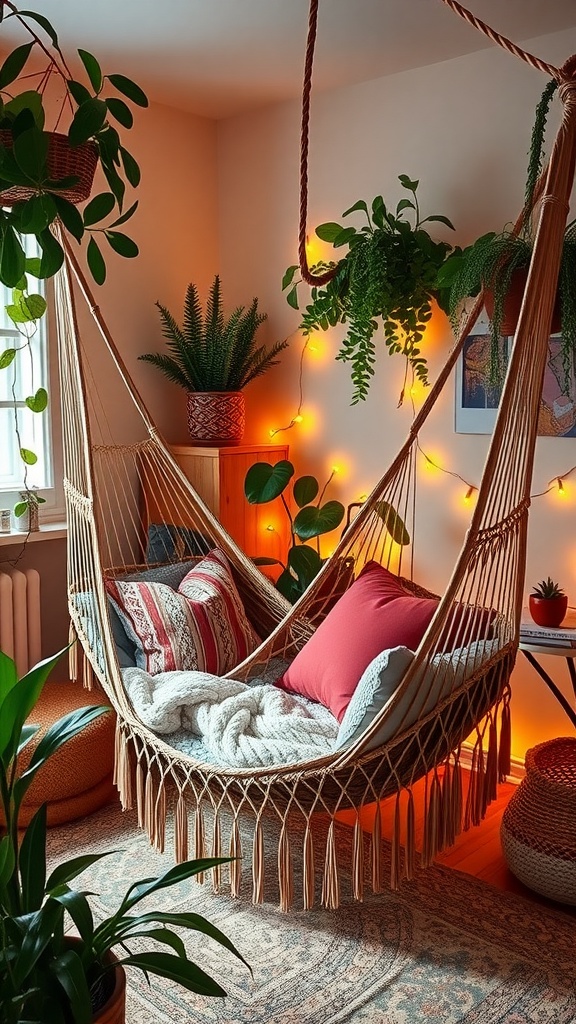 A cozy boho style bedroom with twin hammocks, soft cushions, plants, and warm lights.