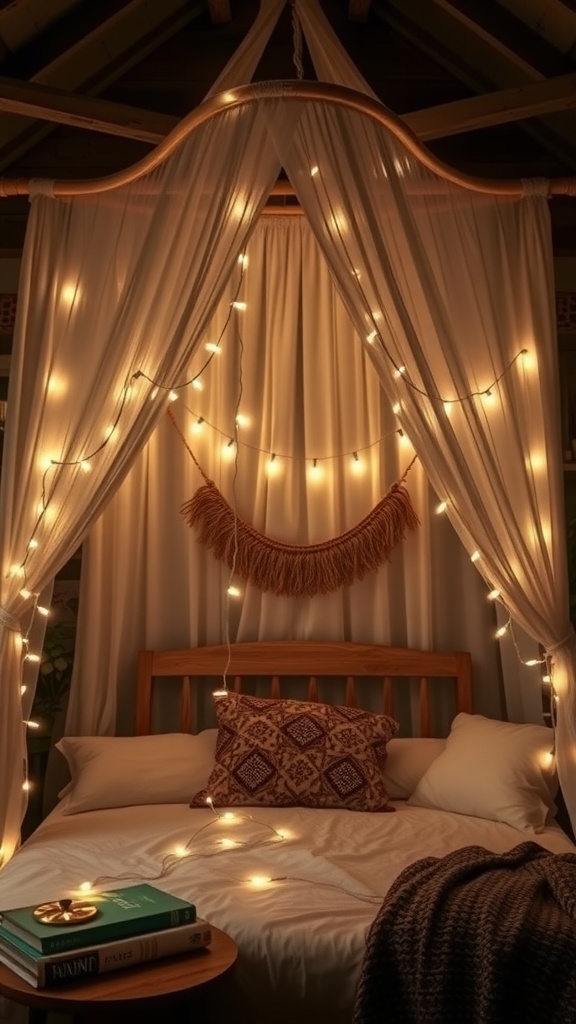 A serene Boho bedroom featuring a canopy bed adorned with fairy lights, warm tones, and cozy decor.