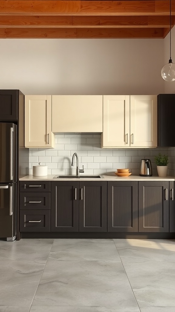 A modern kitchen with two-tone cabinets featuring dark lower cabinets and light upper cabinets.