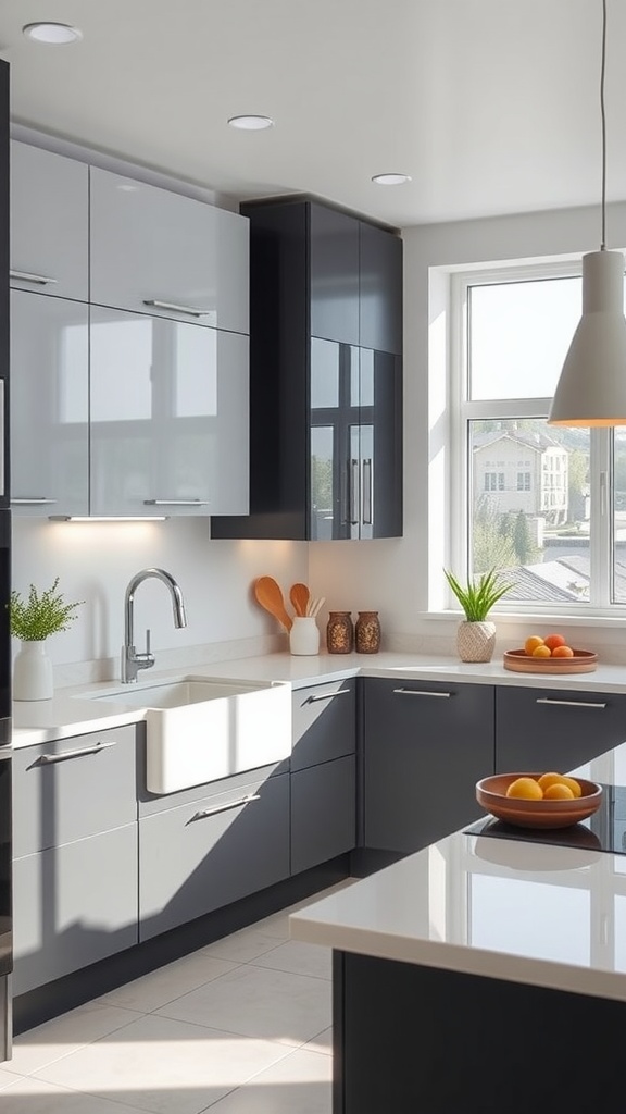 A modern two-tone U-shaped kitchen featuring gray and black cabinets, a farmhouse sink, and a bright window.