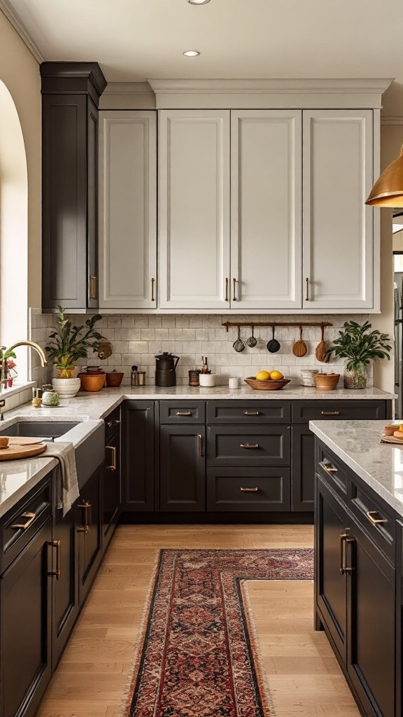 A farmhouse kitchen featuring two-toned cabinets, with light upper cabinets and dark lower cabinets, creating a warm and inviting space.