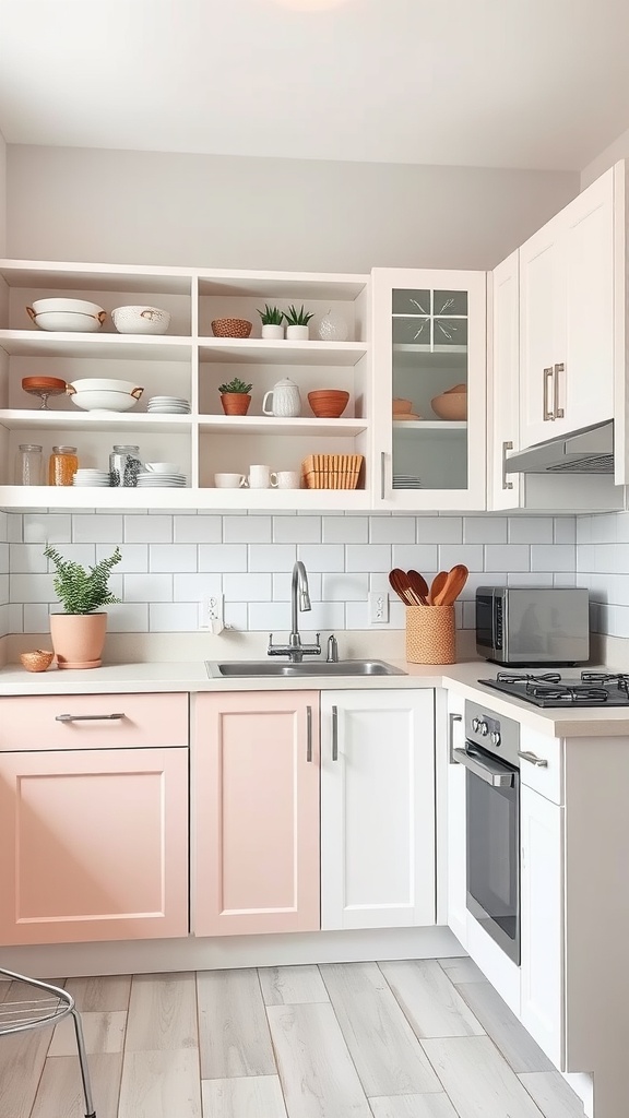 A small kitchen featuring two-toned cabinets in soft pink and white, with open shelving displaying dishware and plants.