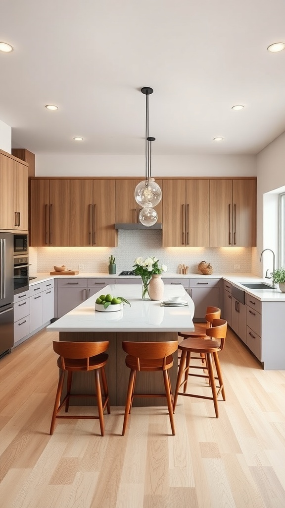 A modern U-shaped kitchen featuring a central kitchen island with wooden cabinets and stylish lighting.
