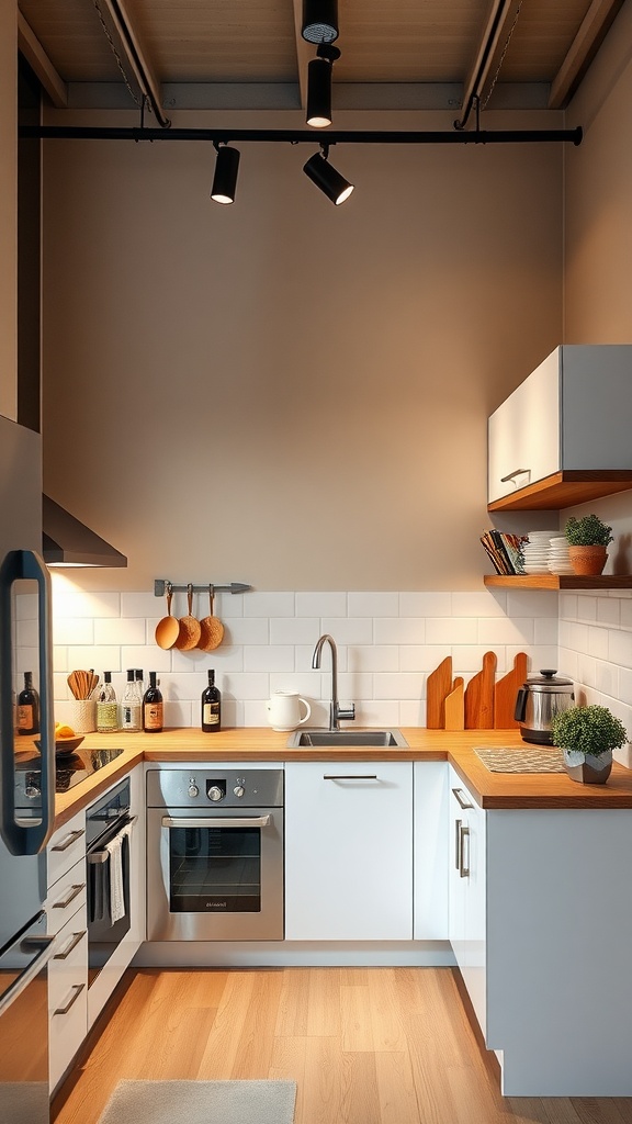 A stylish U-shaped kitchen featuring white cabinets, wooden countertops, and modern lighting.