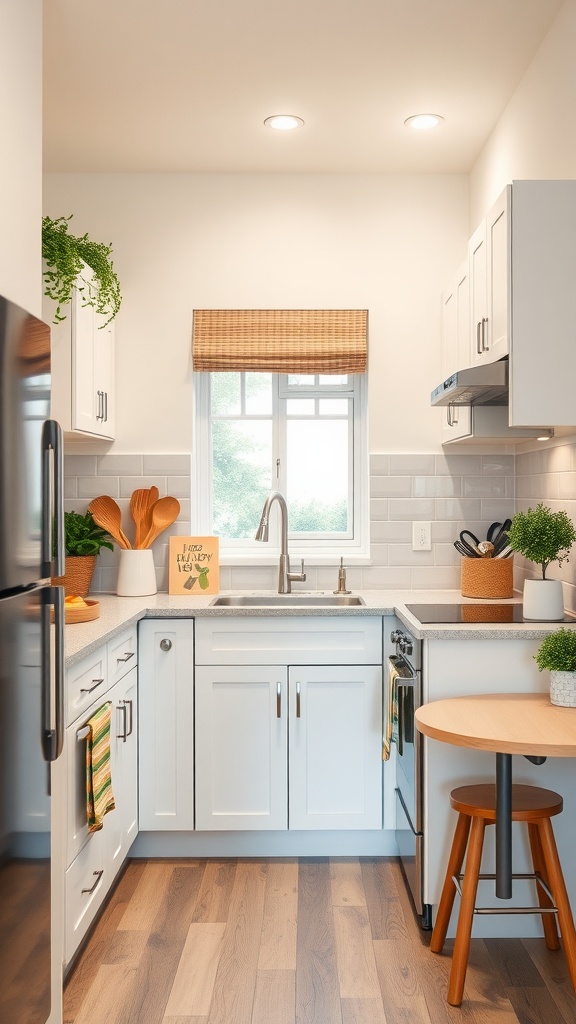 A small U-shaped kitchen with white cabinets, a window, and a round table.