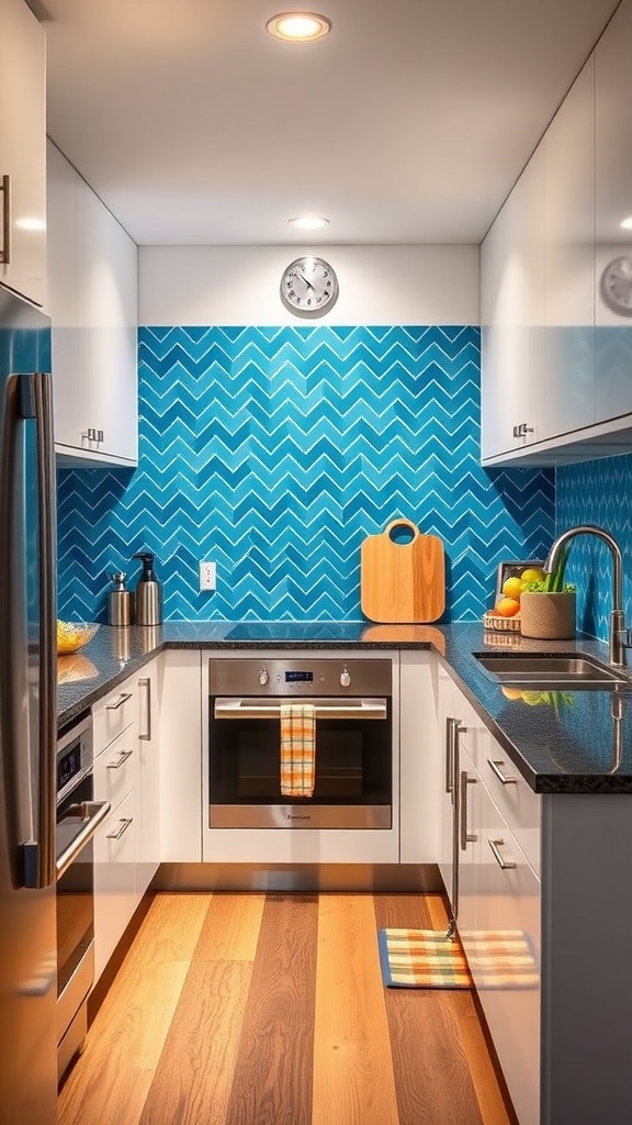 U-shaped kitchen featuring a blue herringbone backsplash with white cabinetry and wooden accents