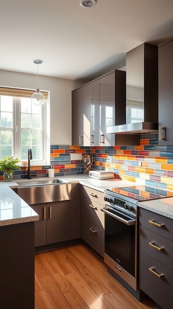 A modern U-shaped kitchen with a colorful backsplash, sleek dark cabinets, and natural light.