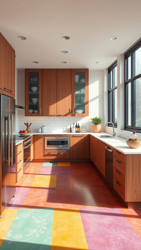 A U-shaped kitchen featuring colorful flooring with vibrant patterns, wooden cabinets, and large windows for natural light.