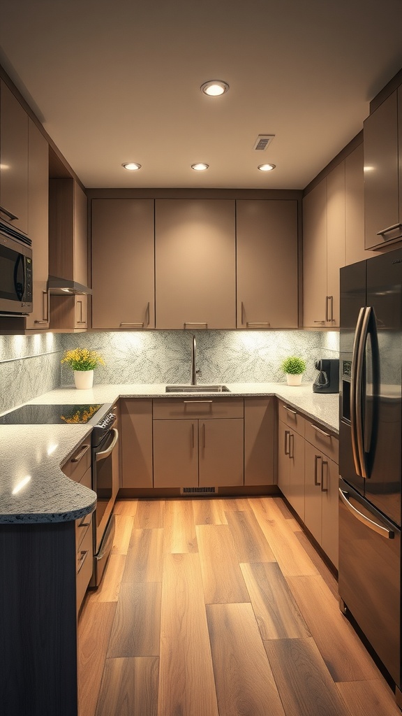 A modern U-shaped kitchen featuring a granite countertop, sleek cabinetry, and warm wood flooring.
