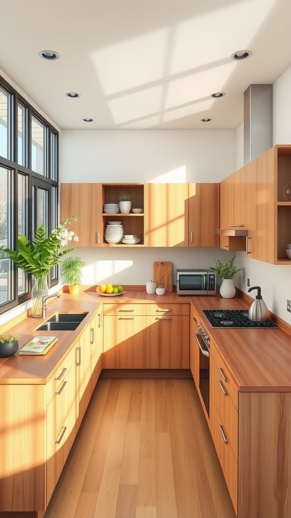 U-shaped kitchen featuring wooden counters, large windows, and a bright, inviting atmosphere.