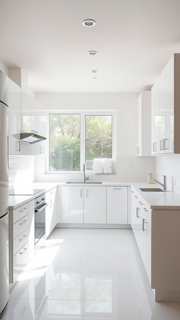 A bright and airy minimalist U-shaped kitchen with white cupboards and a large window.