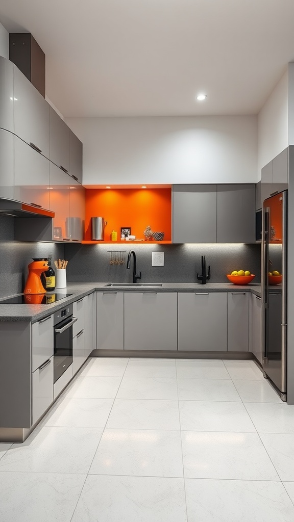 Modern U-shaped kitchen with gray cabinetry and orange accents.