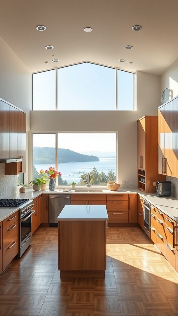 A spacious U-shaped kitchen with large windows overlooking a scenic view, featuring warm wood cabinetry and a central island.