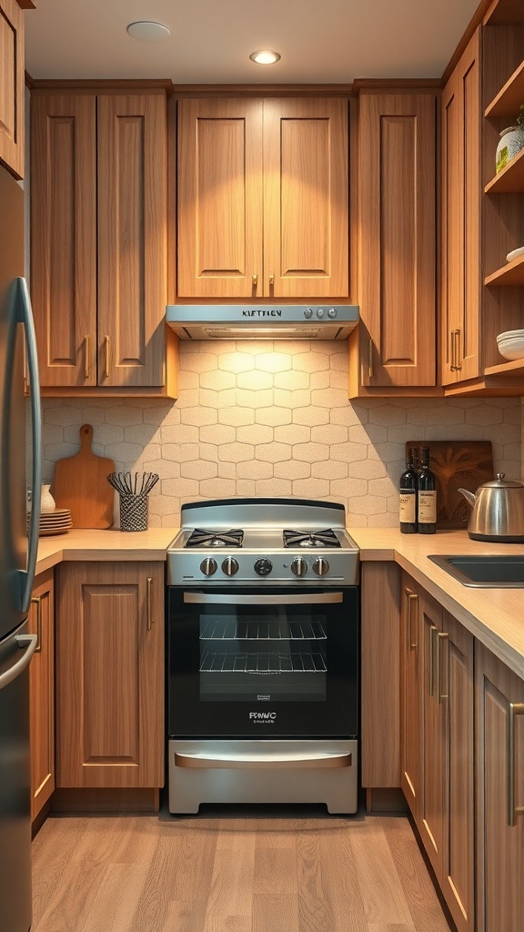A small U-shaped kitchen featuring wooden cabinets, a stainless steel stove, and a cozy layout with ample storage.