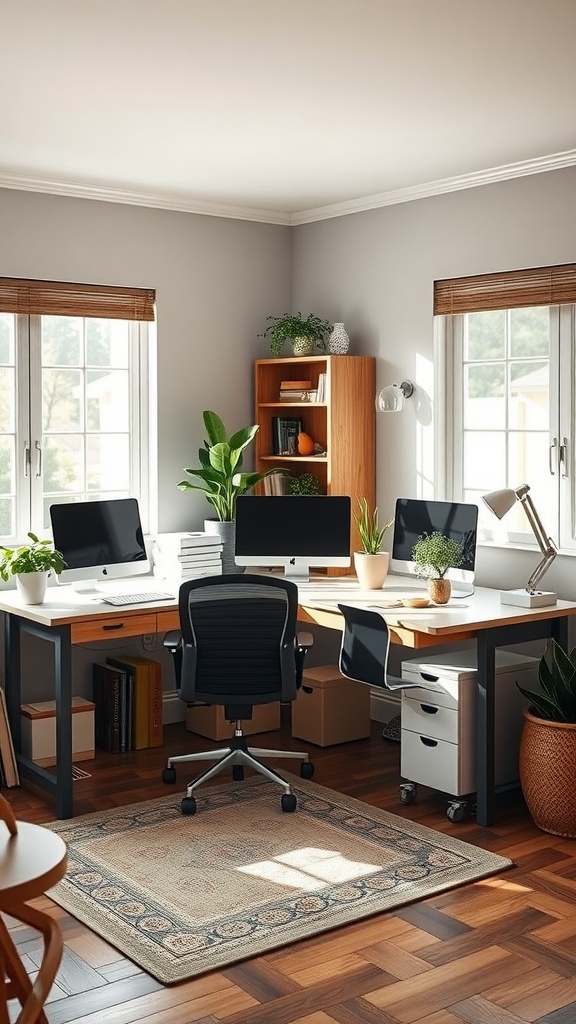 A U-shaped home office layout with two desks, plants, and natural light.